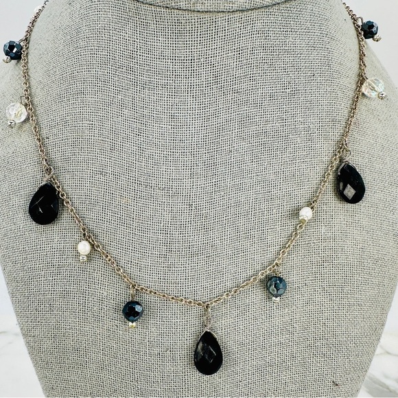 Cookie Lee Black Bead & Freshwater Pearl Necklace Dainty Dangle Black Silver - Picture 8 of 8